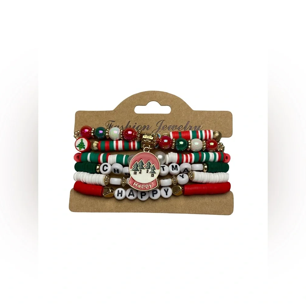 NEW Festive Christmas Stretchy Bracelet Set Red Green White Beaded Holiday Charm